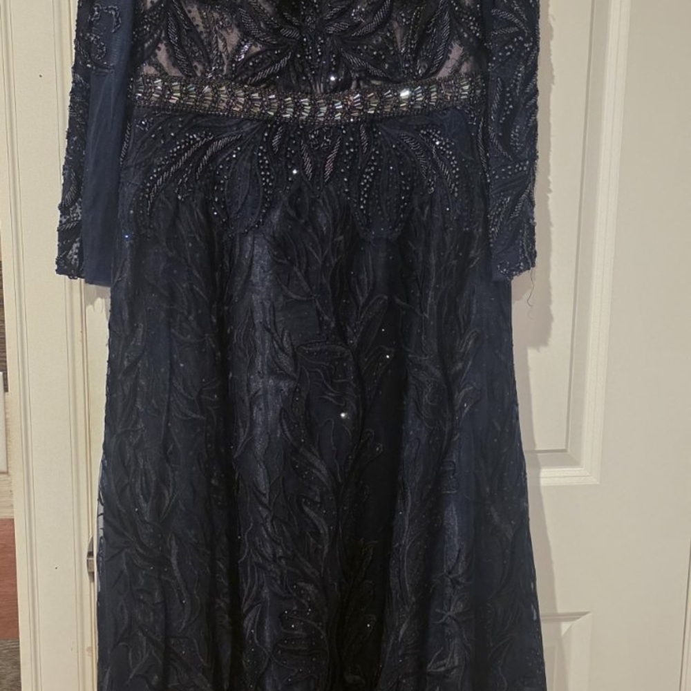 Mon Cheri Navy Long Sleeve Embellished Dress